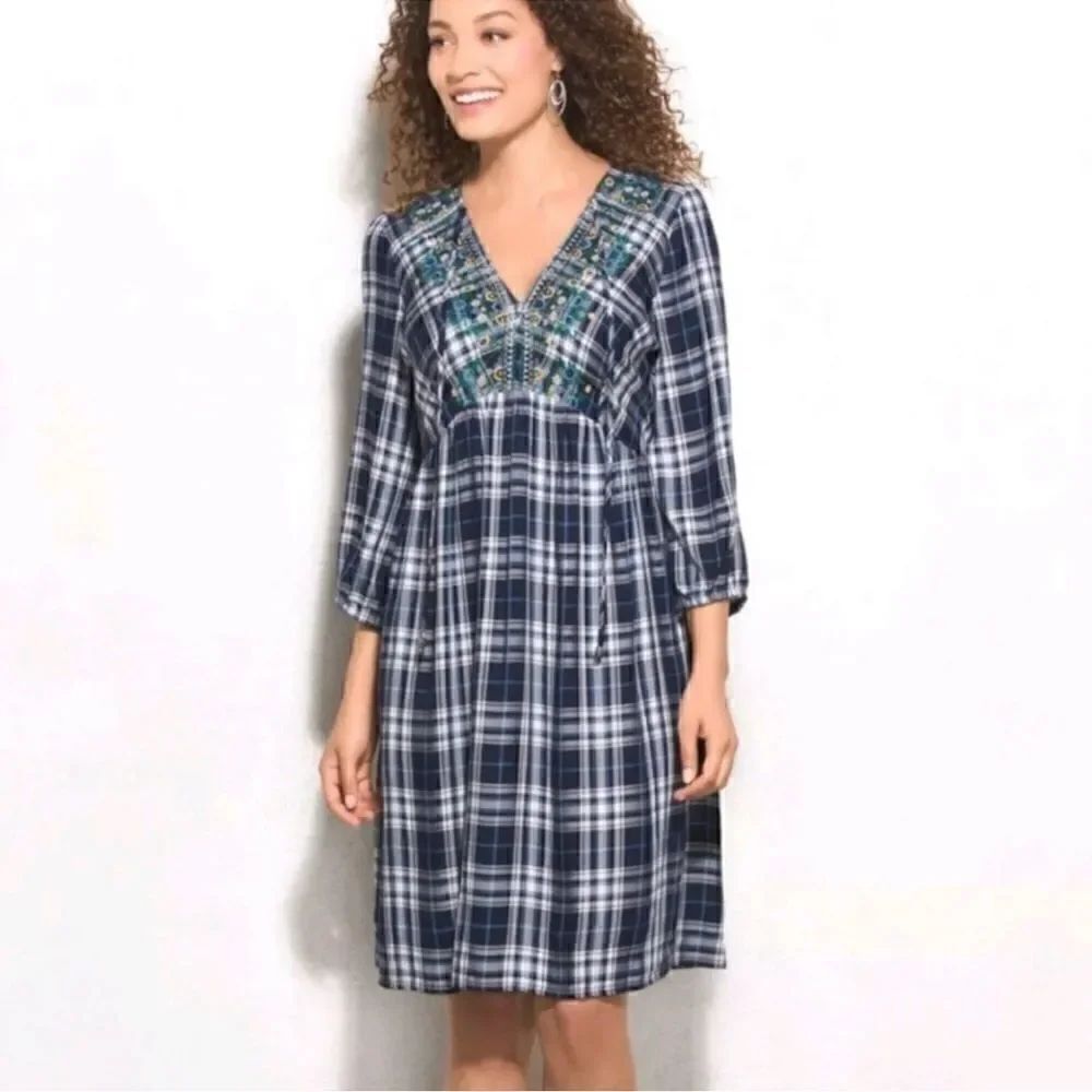 Westport Embroidered Plaid Long Sleeve Dress | SZ M